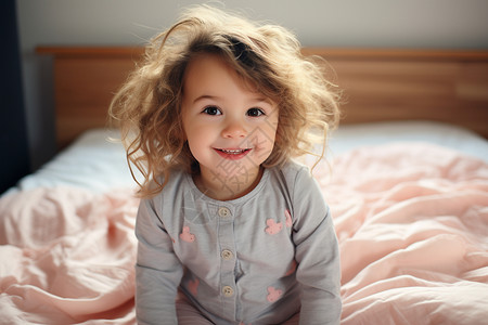 在床上微笑的小女孩图片