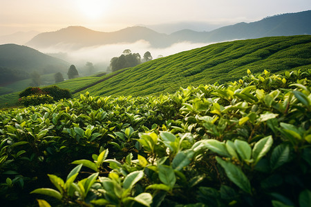 茶叶云雾缭绕山间云雾缭绕的茶园背景