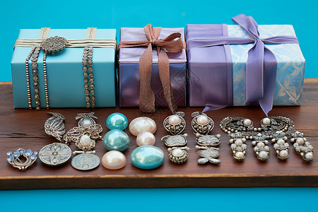珠宝和一个带蝴蝶结的礼盒高清图片