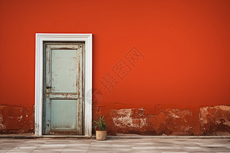 金属红红墙上的入户门背景