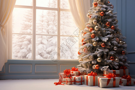 西放传统圣诞树前放着礼物背景
