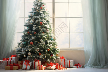 传统花窗窗户下的圣诞树背景