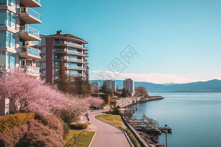 春季开满樱花的湖景公寓建筑楼群背景