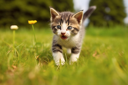 户外草地上玩耍的宠物猫咪背景图片