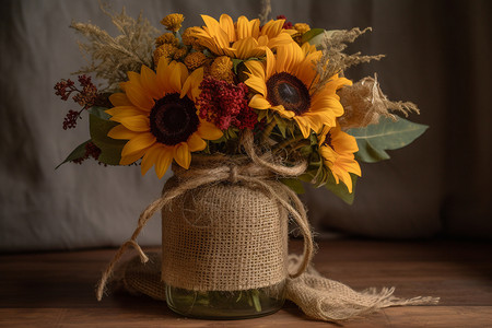 花瓶里太阳花麻布玻璃罐里的向日葵背景