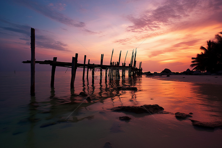 黄昏夕阳下的浅滩木桥图片