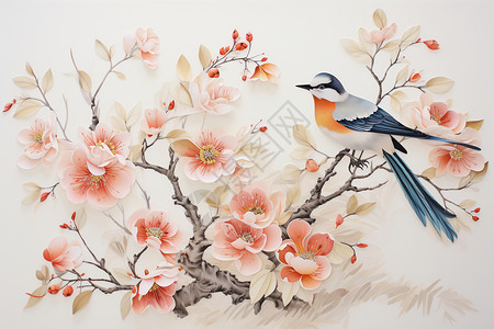 花鸟刺绣素材喜鹊站在花枝上插画