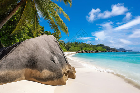 海滩上的棕榈树与巨石图片