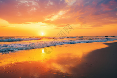 海滩日落下翻滚的海浪图片