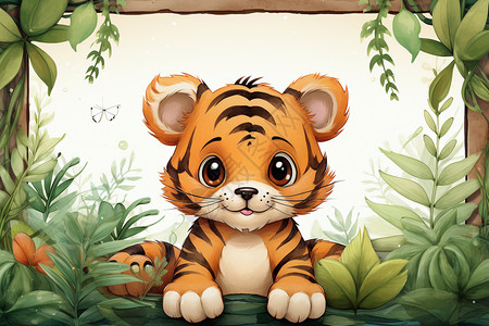 树林里的小老虎布告板边框背景图片