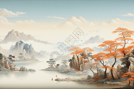 秋林幽静山谷里的湖泊插画