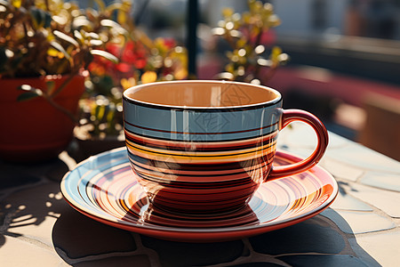托盘里的咖啡杯鲜艳多彩的陶瓷杯背景