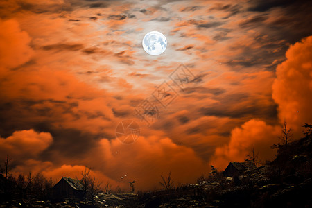 河流之上一轮满月悬挂在夜空之上背景