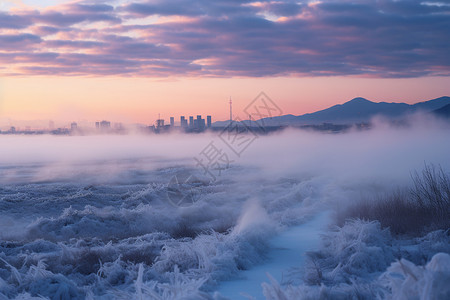 黄昏的雪原建筑黄昏霜高清图片