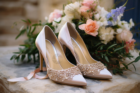 珍珠婚婚鞋与鲜花背景