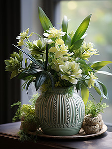 花瓶中的鲜花在窗台上图片