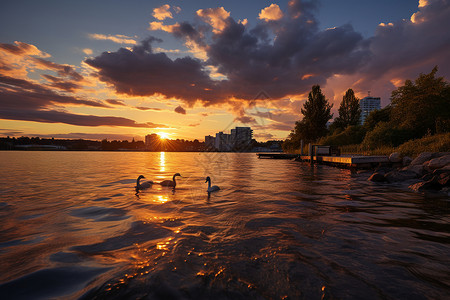湖边夕阳美景背景图片