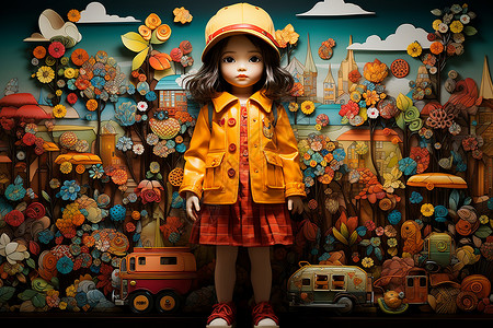 花墙前的玩偶与穿着黄色雨衣的女孩的列车图片