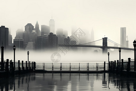 迷雾笼罩中的城市天际线背景图片