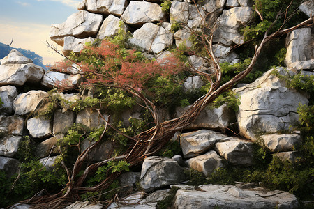 丽水根坑石寨石墙上长出一棵树插画