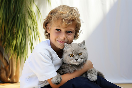 戴虎头帽男孩抱着小猫的男孩背景