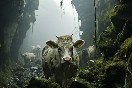 消瘦的荒原上艰难求生牛群背景