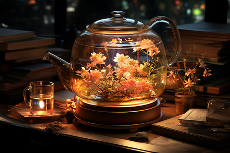 养生壶里的花茶背景图片
