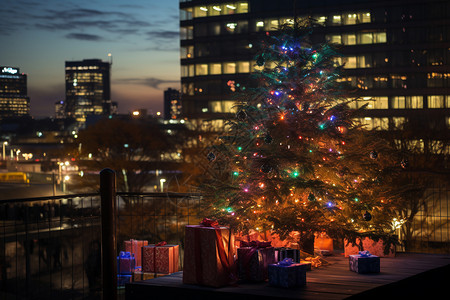 城市夜景下的圣诞树图片