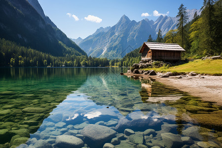 湖畔的小屋背景图片