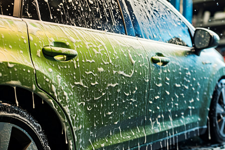 清洗中的绿色汽车图片