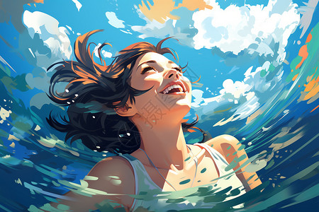 海水中游笑的女子图片