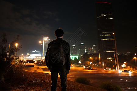 城市的黑夜夜晚路边的男子背影背景