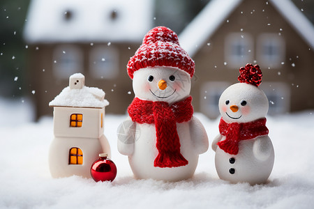雪人和房子两只雪人背景
