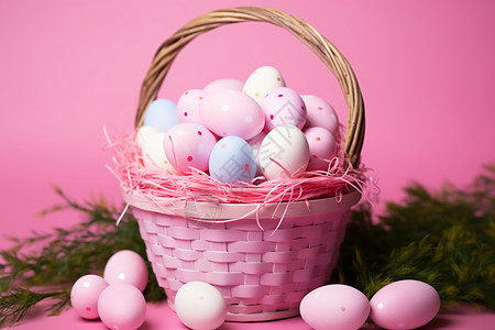 复活节的彩蛋篮子与粉色桌布和绿色植物相映生辉图片