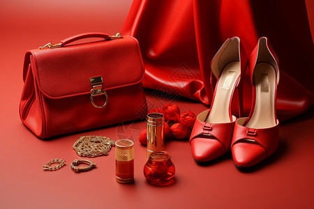 高跟鞋化妆品红色系列配饰鞋和包背景