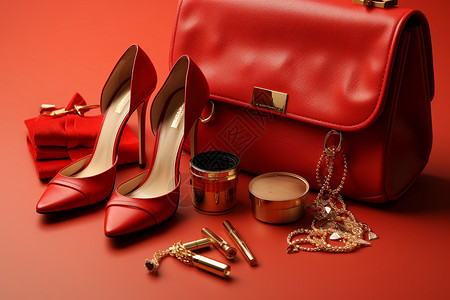 红色包包与高跟鞋高清图片