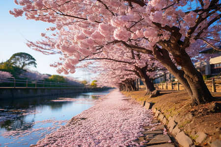 河流上的樱花图片
