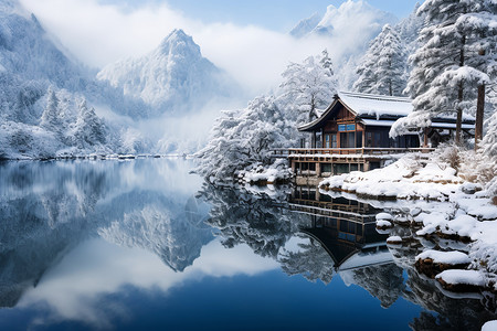 雪中的树倒影中的雪景背景