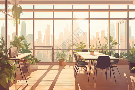 空桌子绿意环绕的会议室插画