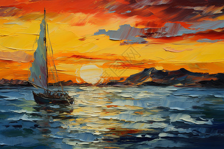 油画海上红色帆船图片