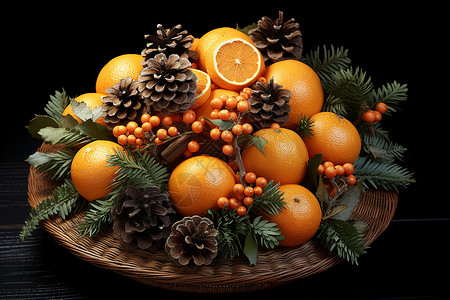 庆祝节日的柑橘和松塔图片