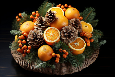 乡村传统节日的柑橘和松塔图片