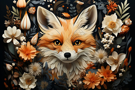 花丛绽放的卡通小狐狸背景图片