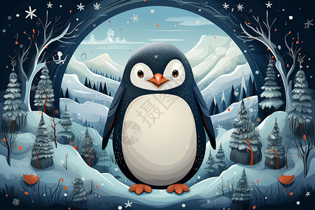 可爱的卡通小企鹅艺术插图背景图片