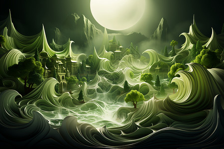 梦幻的绿色波浪插图图片