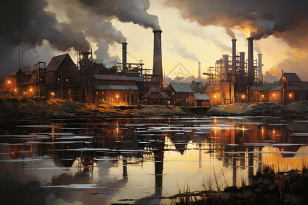 重工业污染乡村的重工业工厂插画