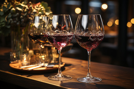 红酒花纹缠绵之约美丽桌面上闪耀的三杯红酒背景
