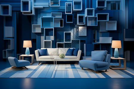 时尚的蓝色系客厅装潢背景图片