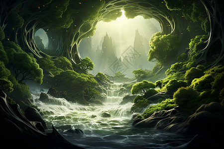 绿色插图雾气弥漫的森林洞口设计图片