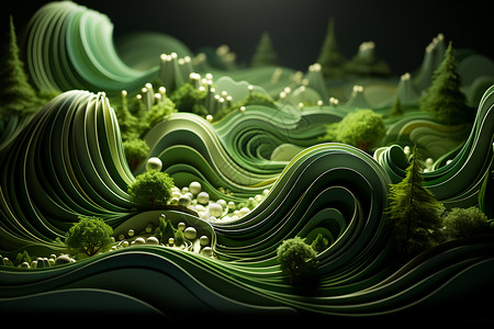 立体插图神秘立体的绿色波浪设计图片